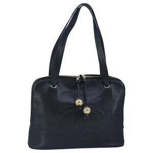 CHANEL COCO Mark Tote Bag Grained Calf Skin Black Gold CC Auth yk15761